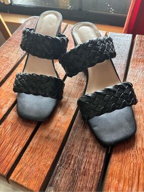 Braided Double-Strap Black Slide Sandals - Women's